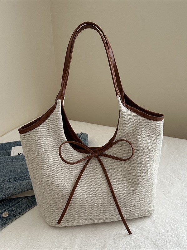 Women’s White Hemp Tote Bag – Spacious Handbag with Brown Bow Accent