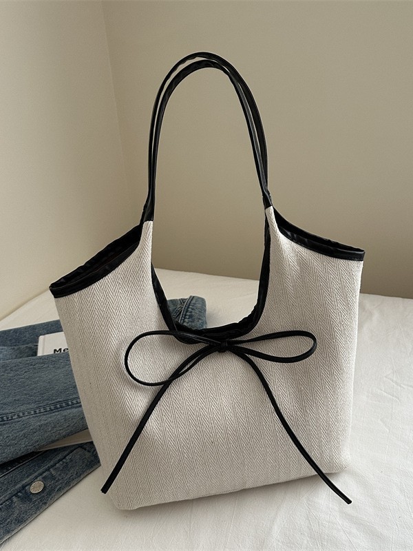Women’s White Hemp Tote Bag – Spacious Handbag with Brown Bow Accent