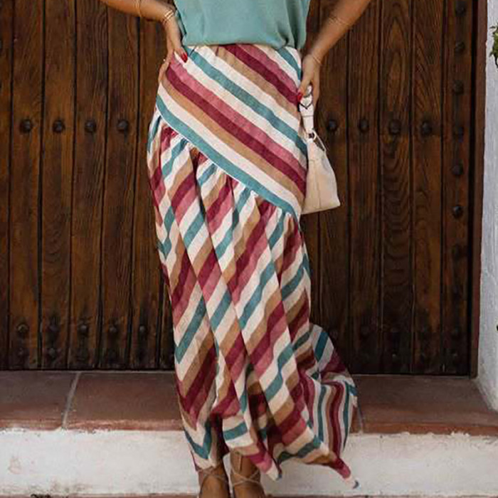 Elegant Lady Commute Stripe Printed Long Skirts Vintage Elastic Waist Women's Skirt Summer Casual High Waist Pleated Half Skirts