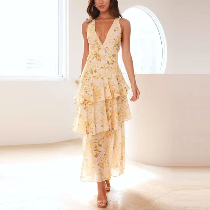 Sexy Flower Print Suspender Chiffon Dress Lady Sleeveless Deep V Backless Ruffles Evening Dress Leisure High Waist Layered Dress