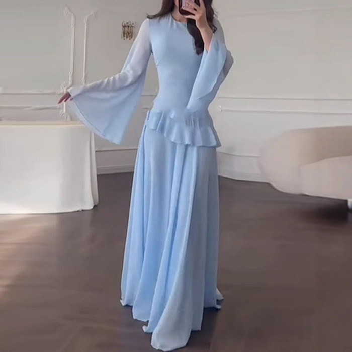 Muslim Women High Waist O-neck Pleated Long Dress Elegant Temperament Chiffon Dresses Solid Color Slim Flare Sleeve Party Dress