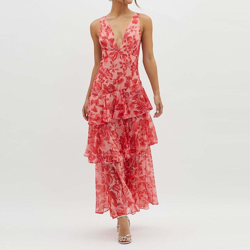 Sexy Flower Print Suspender Chiffon Dress Lady Sleeveless Deep V Backless Ruffles Evening Dress Leisure High Waist Layered Dress