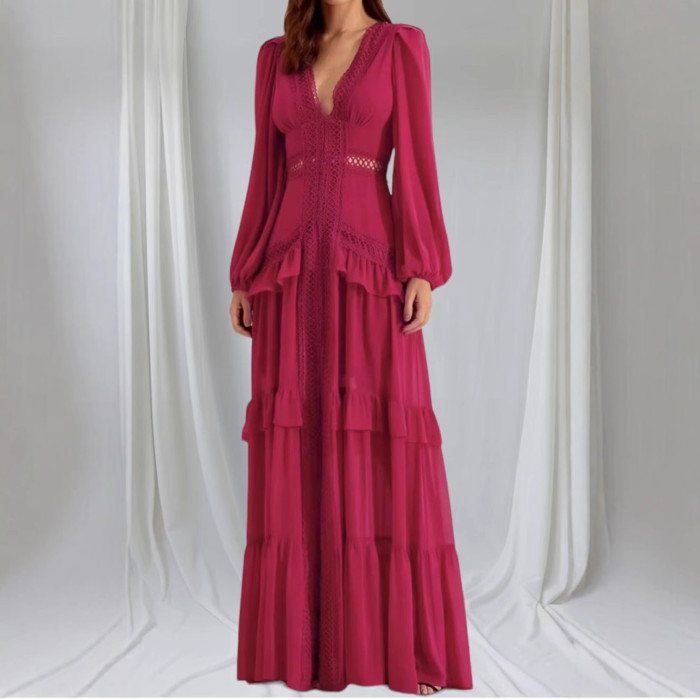 Elegant Women Lace Ruffles Long Dress Sexy Solid Deep V Neck Lantern Long Sleeve Dresses Autumn Hollow Out Solid Party Dress