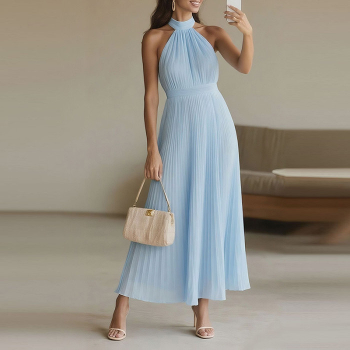 Summer Blue Beach Vacation Halter Dress Elegant Off Shoulder High Waist Banquet Dress Sleeveless Slim Swing Women's Dress 2025