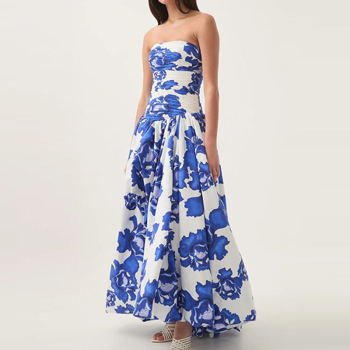 Elegant Sleeveless High Waisted Evening Dress Vintage Pattern Print Tube Top Banquet Dress Summer New Ladies Irregular Prom Gown