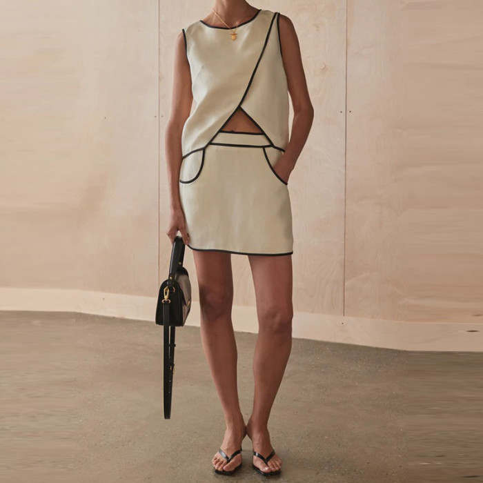 Women New Pocket Skirts Set Casual Color Blocked Sleeveless Tank Tops&Half Skirts Sets Elegant Irregular Loose Commute Outfits