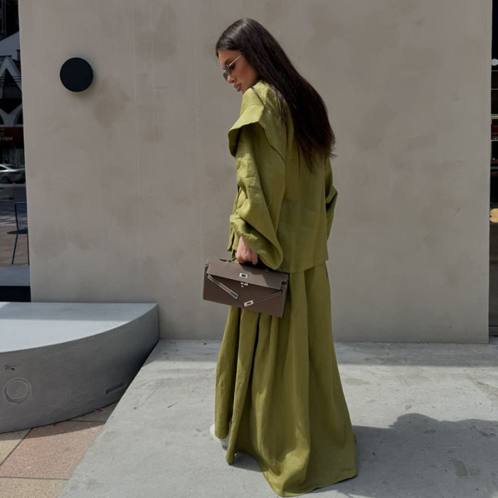 Autumn New Solid Color Loose Women's Two Piece Sets Elegant V-neck Lace Up Tops Set Fashion Design Style Long Sleeve Commute Set