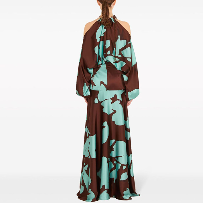 Retro Pattern Printed Off Shoulder Dress Elegant Temperament Split Floor-length Dress Fall New Swing Long Sleeve Vacation Dress