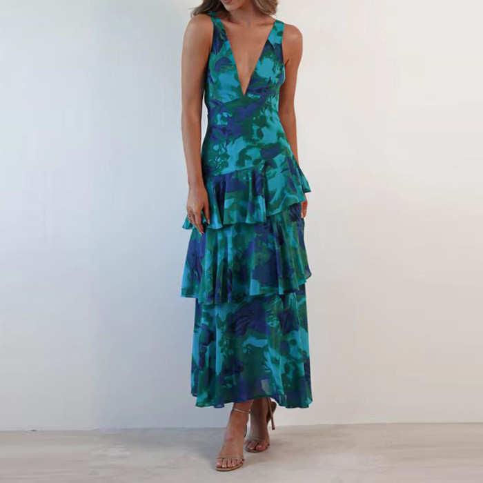 Sexy Flower Print Suspender Chiffon Dress Lady Sleeveless Deep V Backless Ruffles Evening Dress Leisure High Waist Layered Dress