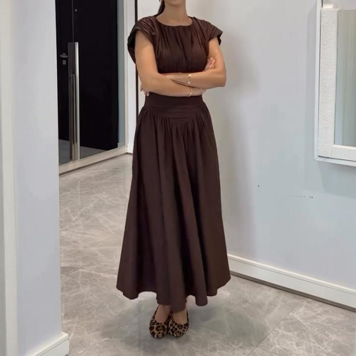 French Style Simple Solid Color Evening Dress Elegant Pleated Slim Party Dress New Summer Women O Neck Short Sleeve A-line Dress