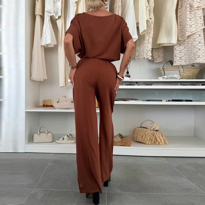 Chic Short Sleeve Tops Pocket Pants Matching Set Casual O-neck Solid Color Sport Outfit Elegant Lady Summer New Simple Tracksuit