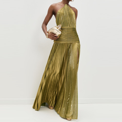 Elegant Lady High Waisted Split Dress Hot Women Off Shoulder Sleeveless Party Dress Luxury Backless Bright Pleated Evening Dress