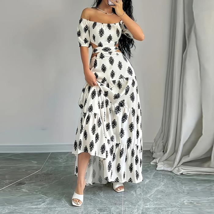 Summer New One Shoulder Printed Long Dress Elegant Short Sleeve Hollow Waist Lace Up A-line Dress Fashion Vacation Pleated Dress