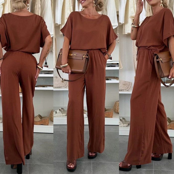 Chic Short Sleeve Tops Pocket Pants Matching Set Casual O-neck Solid Color Sport Outfit Elegant Lady Summer New Simple Tracksuit