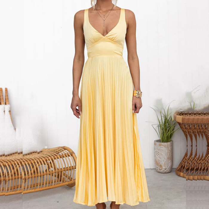 Fashion V-Neck Holiday Long Dress Summer Elegant Strap Loose Solid Sleeveless Party Dress Women High Waist Solid Pleat Dresses