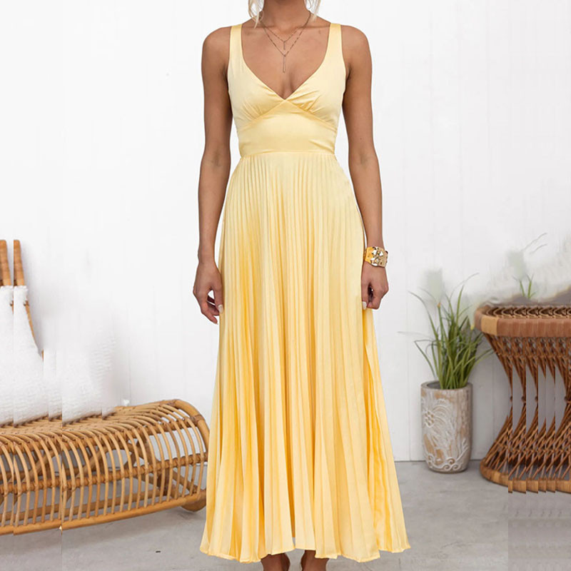 Fashion V-Neck Holiday Long Dress Summer Elegant Strap Loose Solid Sleeveless Party Dress Women High Waist Solid Pleat Dresses