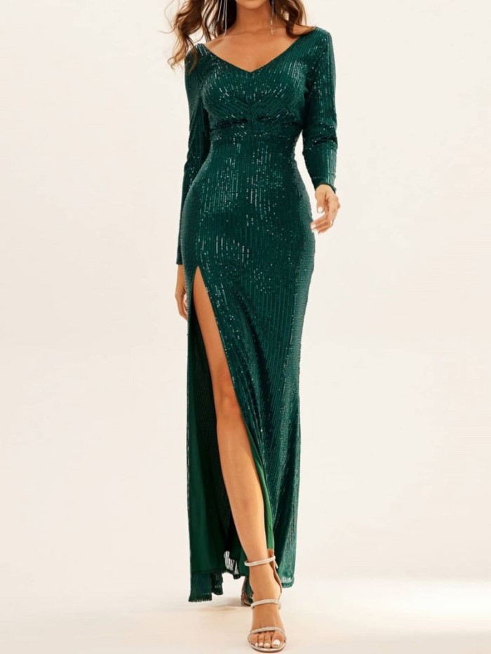 Women's Sexy Sequined Maxi Dress Elegant V-neck Long Sleeve Slim Fit Long Sexy High Slit Dress