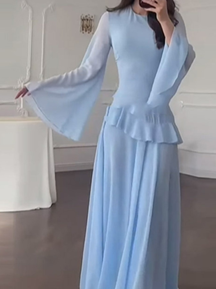 Muslim Women High Waist O-neck Pleated Long Dress Elegant Temperament Chiffon Dresses Solid Color Slim Flare Sleeve Party Dress