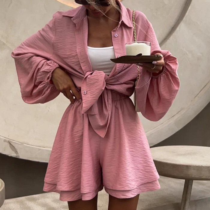 Spring Summer Solid Color Commute 2 Piece Casual Lantern Long Sleeve Lapel Shirt&Shorts Suits Elegant Loose Streetwear For Women