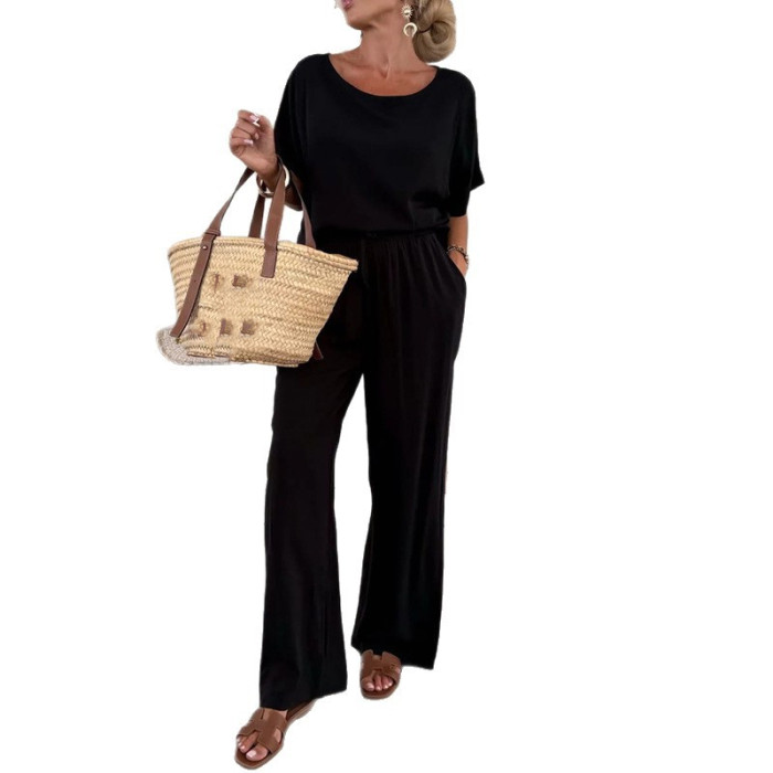 Chic Short Sleeve Tops Pocket Pants Matching Set Casual O-neck Solid Color Sport Outfit Elegant Lady Summer New Simple Tracksuit