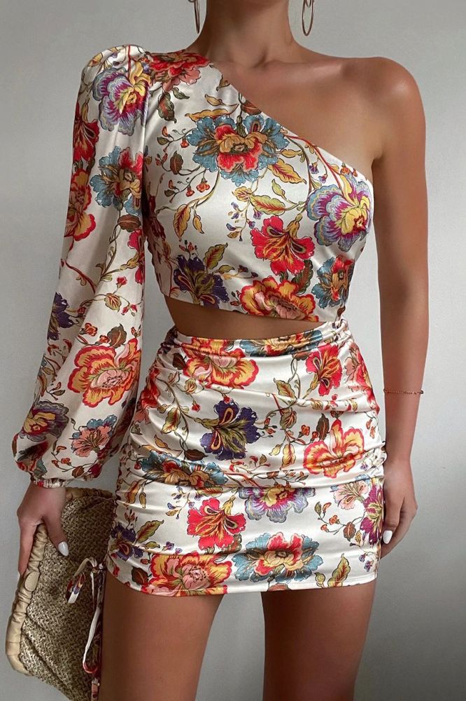 New Fashion Pattern Print Party Dresses Spring Summer Women Elegant Off Shoulder Mini Dress Female Chic Hollow Skew Collar Dress