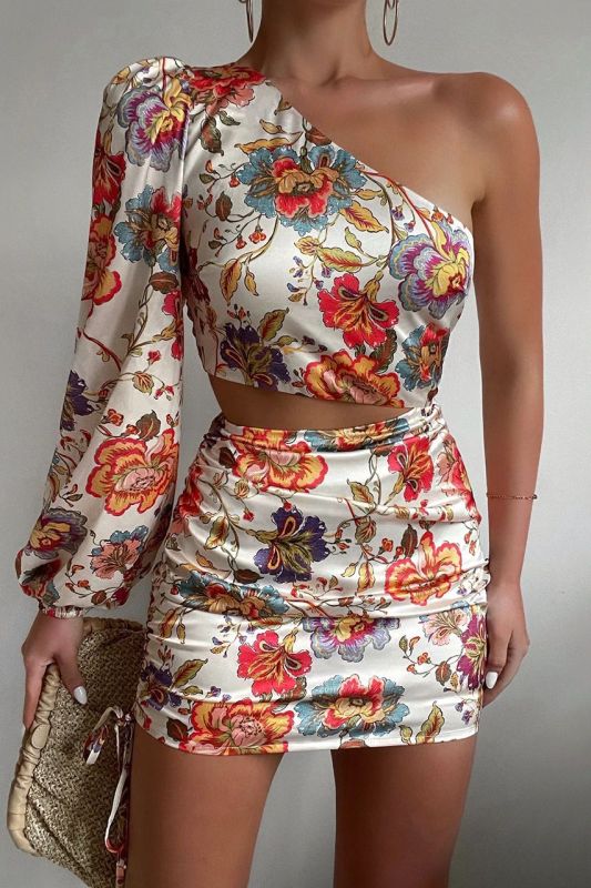 New Fashion Pattern Print Party Dresses Spring Summer Women Elegant Off Shoulder Mini Dress Female Chic Hollow Skew Collar Dress