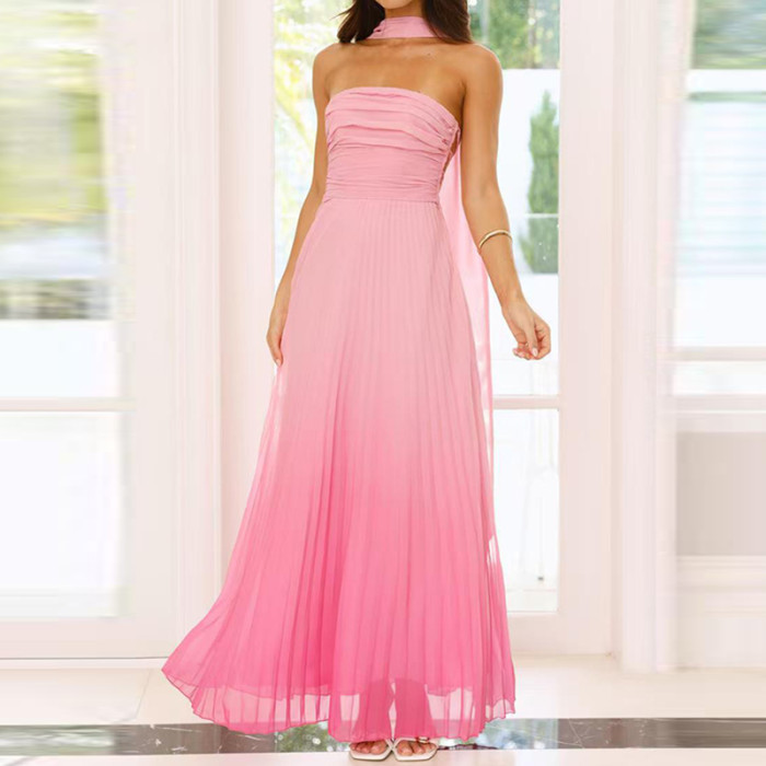 Leisure High Waist Backless Ribbon Evening Dress Sexy Hollow Out Lace Up Maxi Dress Gradient Printed Off Shoulder Party Dresses