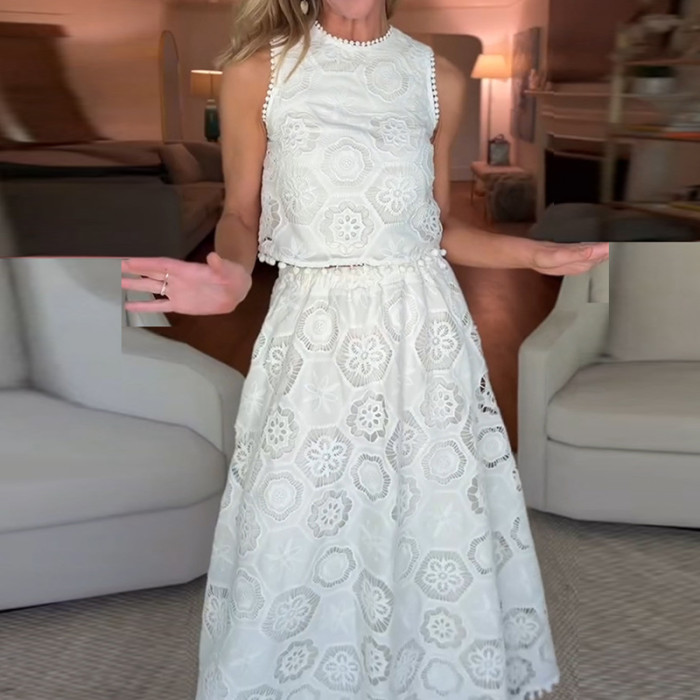 Elegant Sleeveless Halter Tassel Vest And A-line Skirts Set Fashion Solid Color High Waits Sets Leisure Vacation Loose Lace Sets