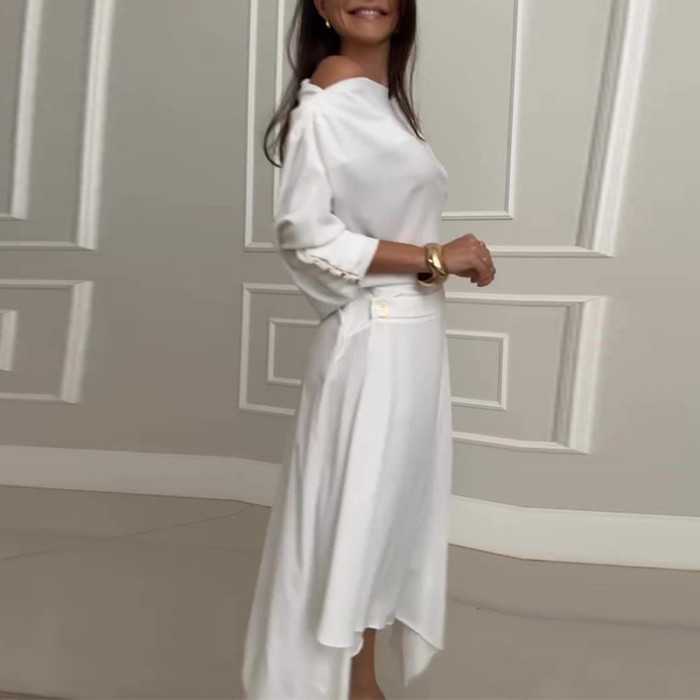 Solid Color Skew Collar Tops & Half Skirts Suits Women Casual Loose Long Sleeved Tops Two Piece Sets Elegant Commuting Outfits