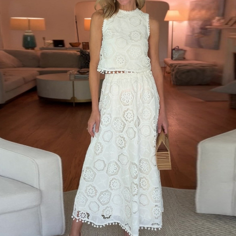 Elegant Sleeveless Halter Tassel Vest And A-line Skirts Set Fashion Solid Color High Waits Sets Leisure Vacation Loose Lace Sets