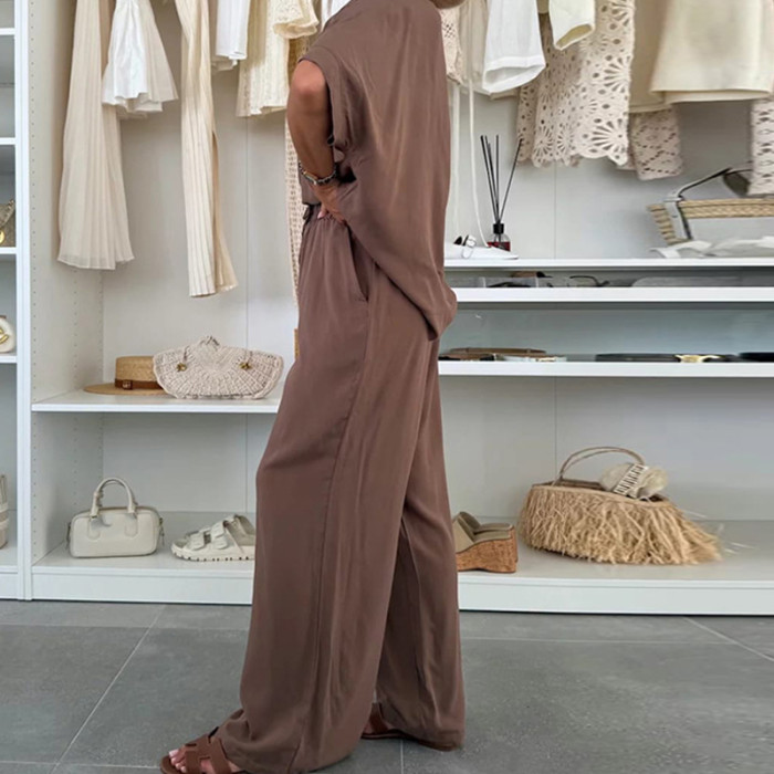 Chic Short Sleeve Tops Pocket Pants Matching Set Casual O-neck Solid Color Sport Outfit Elegant Lady Summer New Simple Tracksuit