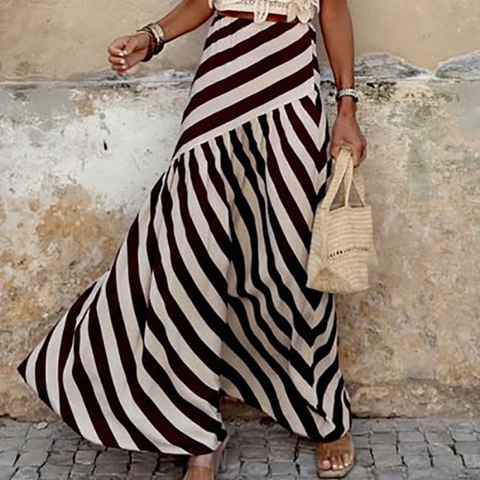 Elegant Lady Commute Stripe Printed Long Skirts Vintage Elastic Waist Women's Skirt Summer Casual High Waist Pleated Half Skirts