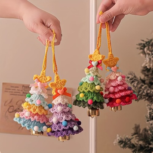 3pcs Handmade Christmas Tree Ornaments – Rustic Hanging Pendants with Bells for Holiday Home & Window Decoration