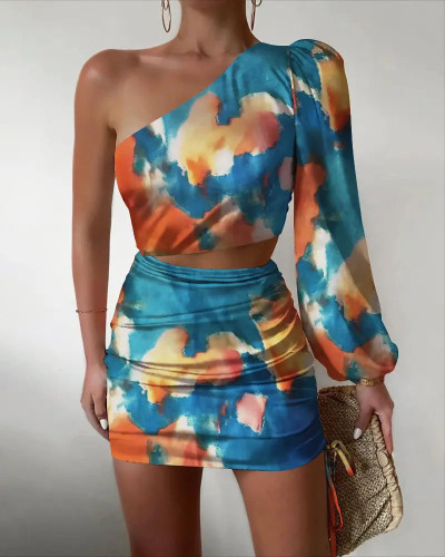 New Fashion Pattern Print Party Dresses Spring Summer Women Elegant Off Shoulder Mini Dress Female Chic Hollow Skew Collar Dress