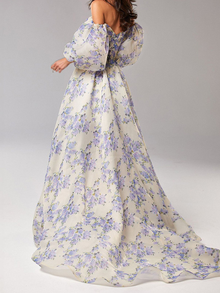 Elegant Puff Sleeve Off Shoulder Floral Print Dress Summer High Waist Pleat Evening Dress Lady Garden Party Floor-length Dresses