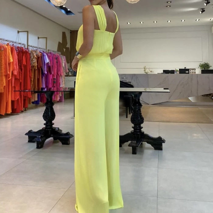 Sleeveless Split Straight Romper Sexy Off Shoulder High Waist Long Romper Elegant Solid Color Temperament Commute Jumpsuits