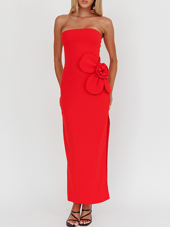 Sexy Tube Top Split Party Dress Elegant Pure Hollow Out Sleeveless Banquet Dress 2025 New Lady Stereoscopic Floral Evening Dress