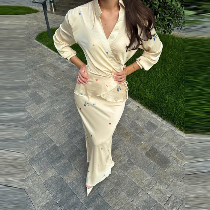 Ladies Elegant Slim Lapel V-Neck Long Sleeve Blouse&Long Skirts Suit 2025 Floral Print Two Piece Satin Set Women Lace-up Outfit