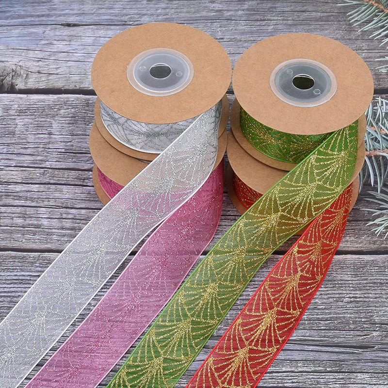 New Product Christmas Sprinkled Pink Gold and Silver Decorative Ribbon Christmas Gift Box Glitter Ribbon Fan-shaped Gauze Belt