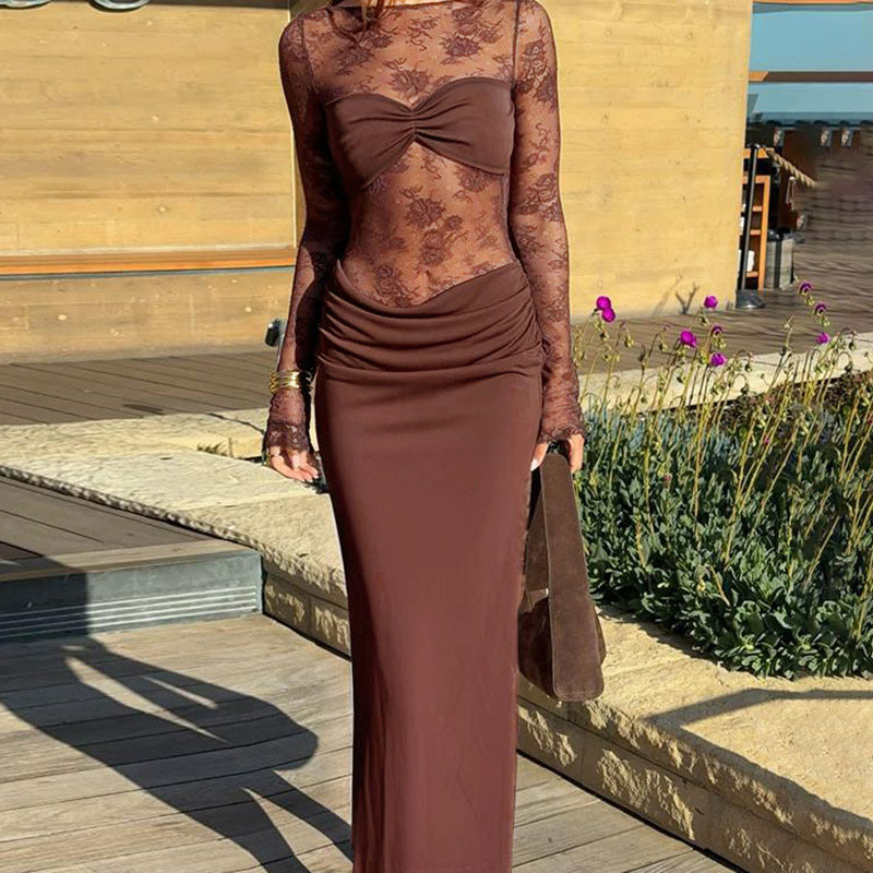 Women's Lace Spliced Evening Dress – Floral Print See-Through Long Sleeve Slim Dress