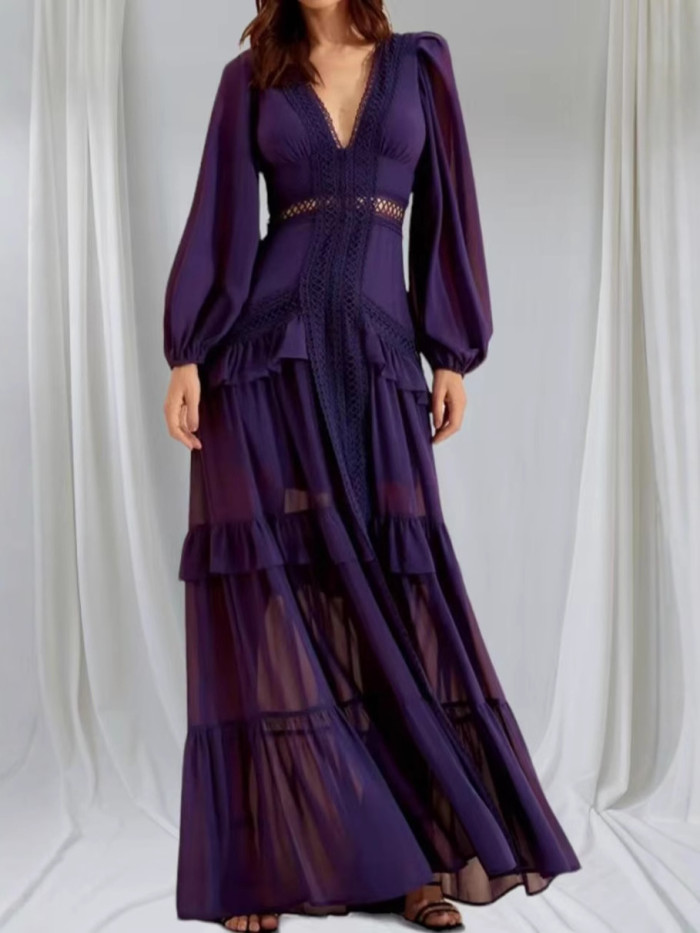 Elegant Women Lace Ruffles Long Dress Sexy Solid Deep V Neck Lantern Long Sleeve Dresses Autumn Hollow Out Solid Party Dress