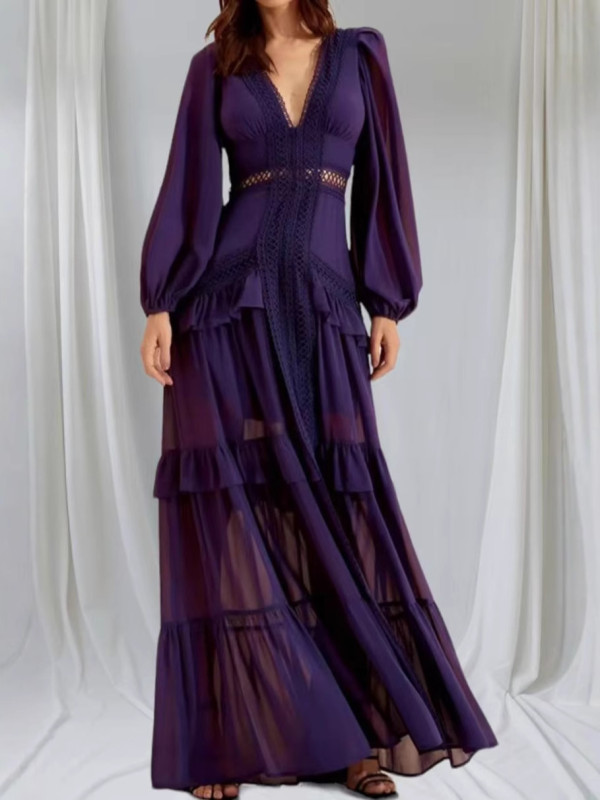 Elegant Women Lace Ruffles Long Dress Sexy Solid Deep V Neck Lantern Long Sleeve Dresses Autumn Hollow Out Solid Party Dress