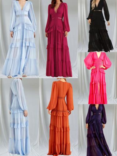 Elegant Women Lace Ruffles Long Dress Sexy Solid Deep V Neck Lantern Long Sleeve Dresses Autumn Hollow Out Solid Party Dress