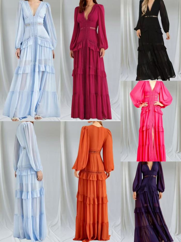 Elegant Women Lace Ruffles Long Dress Sexy Solid Deep V Neck Lantern Long Sleeve Dresses Autumn Hollow Out Solid Party Dress