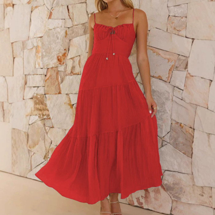 Fashion Solid Color Halter Evening Dress Sexy Hollow Out Sleeveless Swing Long Dress Leisure Women Summer Loose Vacation Dresses