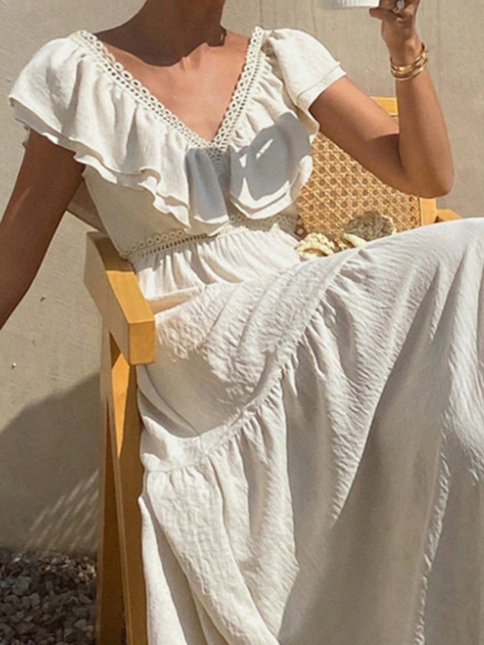 Women's Bohemian V-Neck Hollow Out Dress – Pleated High Waist Beach Party Dress