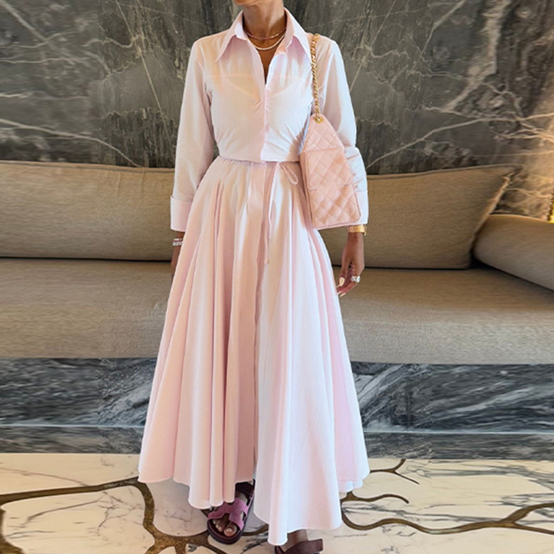 Temperament High Waist Long Sleeve Shirts&Skirts Sets Elegant Commute Solid Color Loose Two Piece Lady Casual Pleat Party Outfit