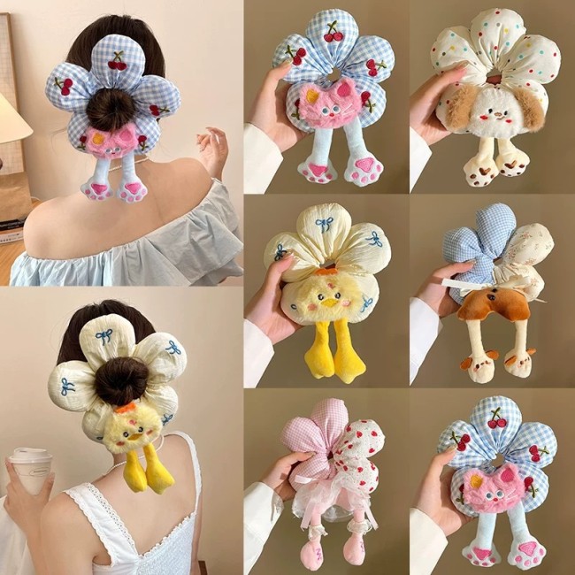 Cartoon Fun Flower Large Intestine Hair Hoop Female High Grade Feeling Filled Cotton 3D Puppy Headrope Kitten Duckling Hair Rope