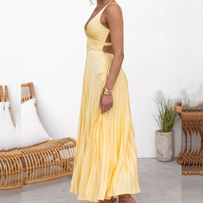Fashion V-Neck Holiday Long Dress Summer Elegant Strap Loose Solid Sleeveless Party Dress Women High Waist Solid Pleat Dresses