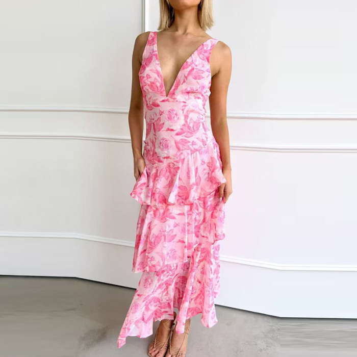 Sexy Flower Print Suspender Chiffon Dress Lady Sleeveless Deep V Backless Ruffles Evening Dress Leisure High Waist Layered Dress